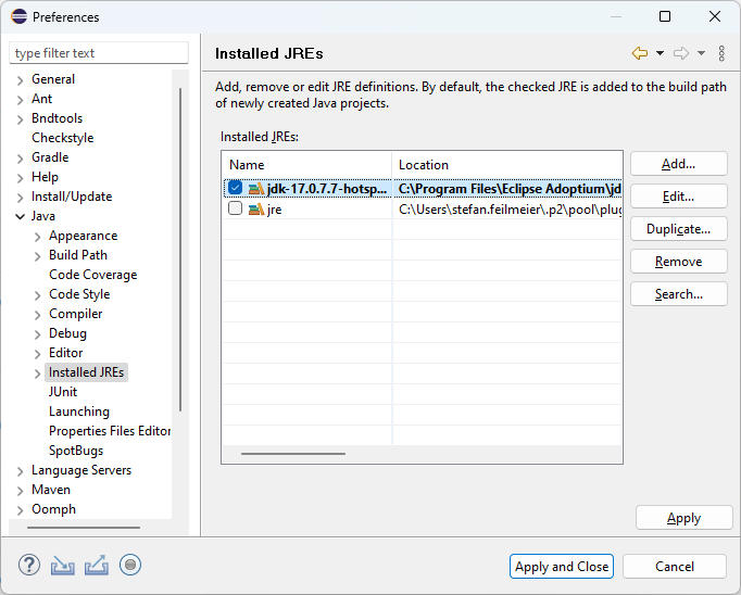 Set the Java Development Kit in Eclipse IDE